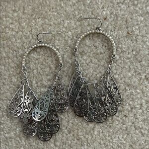 Silver Filigree Teardrop Hoop Earrings with Pearl Accent